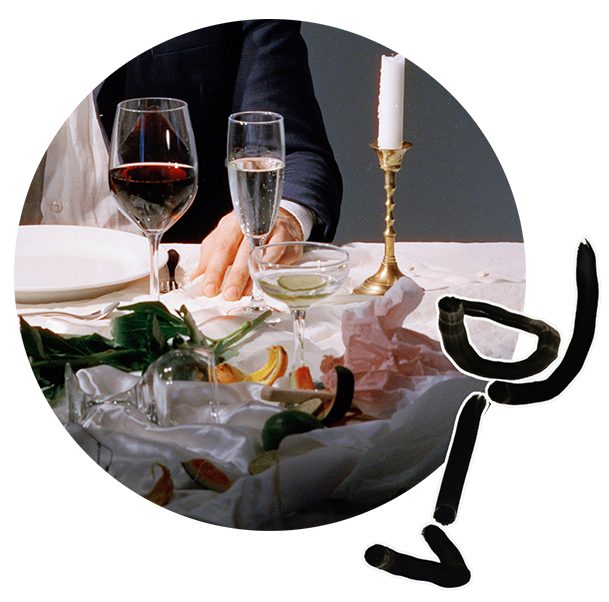 Icon of wine glass with background photo of an abandoned party